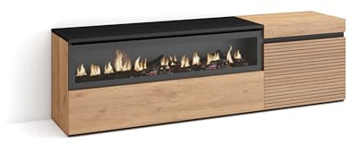 Skraut Home | Mueble TV | Televisión | Muebles de salón, almacenaje | 150x45x35cm | para TV hasta 65 | Chimenea eléctrica | Estilo Moderno | Roble