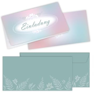 10 Einladungskarten mit 10 Kuverts für Hochzeit, Standesamt, Geburtstag, Konfirmation, Kommunion, Taufe, Geburtstag, Jubiläum. Klappkarten 21 x 10,5 cm. Romantische Blumen grüne Blätter pastell