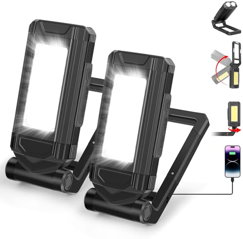 Daphomeu Linterna LED con imán, 2 unidades, ultrabrillante, lámpara de trabajo COB con función giratoria y base magnética, ideal para reparación de coches, talleres y acampadas
