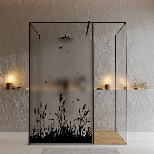 Wandtattoo Loft Sichtschutzfolie Duschkabine mit Schilf Motiv, Wunschmaß in schwarz oder weiß, Klebefolie für Duschglastüren, Duschwand Folie Wasserfest, Klebefolie für Duschkabine