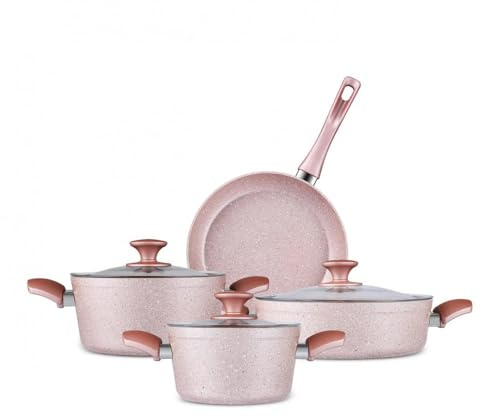 Karaca Bio Granit Töpfe und Pfannen Set, Antihaft-Kochgeschirr Set mit Glasdeckeln, 7-teilig, Kratzfest, spülmaschinengeeignet, Küchen-Kochutensilien, Induktion Roségold Topfset
