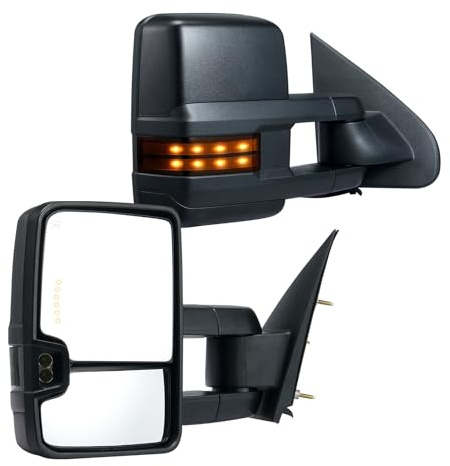VEVOR Towing Mirrors, Left & Right Pair Set for Chevrolet Silverado (2003-2007)/GMC/Cadillac, Power Heated with Signal Light & LED Driving Light, Manual Telescoping Folding, and Heating Defrost, Black