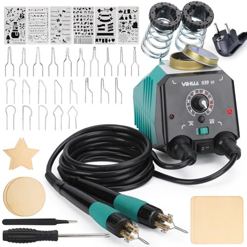 YIHUA 939-VI Doppelstift Brandmalerei brennpeter für holz mit 23 Drahtspitzen, abnehmbarem Holzbrennstift, 6 Holzstücken, 6 Schablonen, Schraubendreher und Pinzette als Brandmalerei Holzbrenner Set