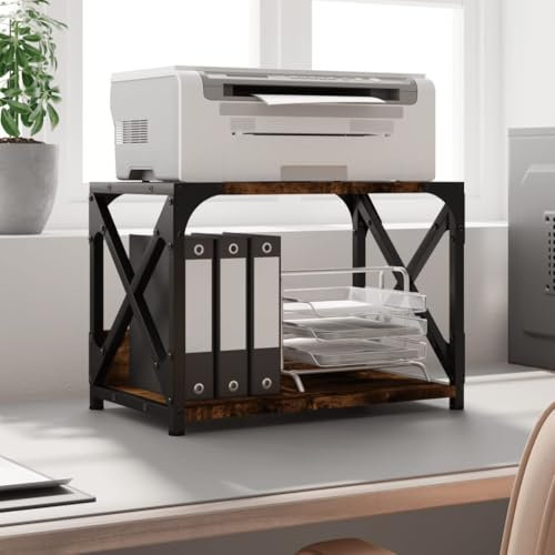 Hovothy Druckerständer 2 Ablagen Druckerwagen Druckerregal Mobiler Druckerständer Regal für Drucker Druckertisch Holz Büromöbel Fax-Aktenvernichter Räuchereiche 44x26x31,5 cm Holzwerkstoff, Metall