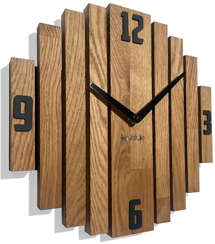 FLEXISTYLE Wanduhr Symmetry wanduhr Eiche Badezimmer Wohnzimmer Holz modern Durchmesser ohne tickgeräusche holzoptik (Eiche, 30cm)