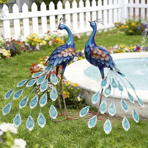 Oritty 29 Inch Metal Peacock Decor, Outdoor Peacock Statues Yard Art, Garden Statues for Patio Yard Lawn Home Backyard Decorations, Set of 2