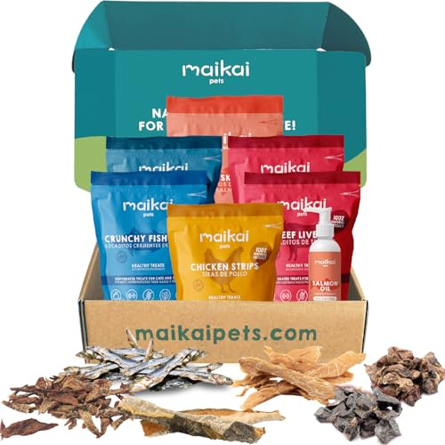 MAIKAI 7 Sacchetti Premietti Snack Cani Naturali - Olio di Salmone 250ml +Masticativi Lunga Durata + Orecchie di Maiale + Nervo di Bue -BARF Cane - Regali Per Cani Natale