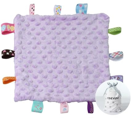 Fleece Plush Tag Security Blankets for Babies, Soft Small Loveys for Girls, Baby Comforter Sensory Blanket, Great Gifts for Birthday Baby Shower (10X10 /24.5X24.5cm Purple Tag)