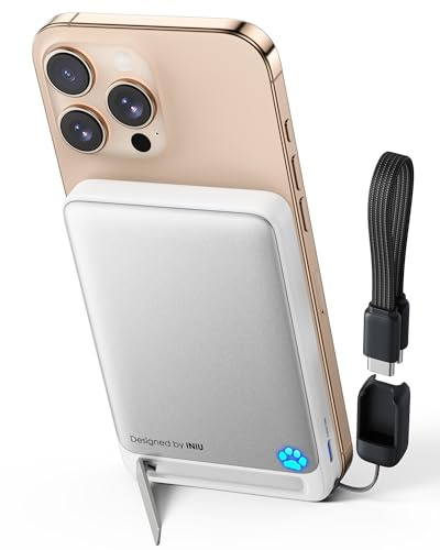 INIU Ultra-schlank 10000mAh Power Bank für MagSafe, Original Qi2-zertif. Wireless Fast Charging für iPhone 17-12 Serie, 45W Externe Akku mit USB C Kabel & Ständer, Reise Magnetische Batterie, Weiß