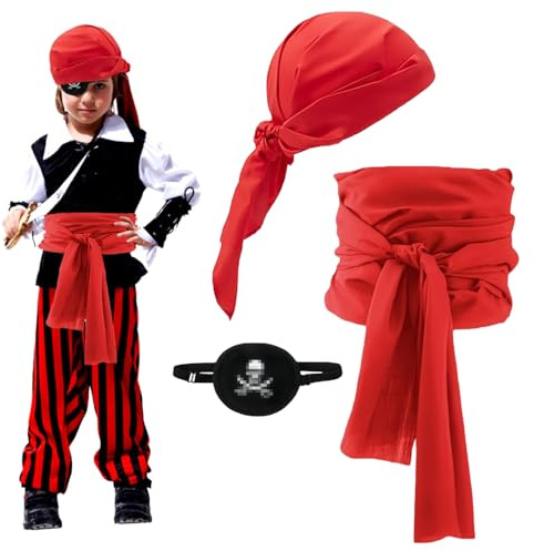 YISKY Roter Piraten Kopftuch, Piraten Schärpe, Piraten Accessoires Set, Haarband Piraten, Piraten Rollenspiel Set, Piraten Zubehör mit Schärpe, Stirnband, für Halloween Deko Piratenparty
