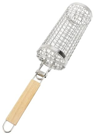 Yosoo Health Gear Rollbarer Grillkorb aus Edelstahl mit Holzgriff, Abnehmbarer Griff, für Gemüse und Garnelen, Camping und Kochen im Freien