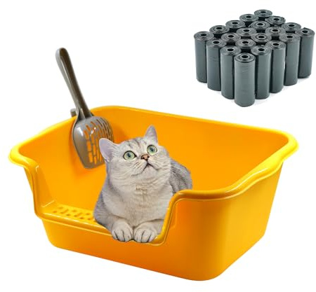 Vida Sol Pack Arenero 50x38x20cm y 300 Bolsas para Excrementos de Gato, Caja Arena con Pala de Limpieza y Bolsas de Desechos, Solución Práctica y Eficiente para Mantener Limpio, Amarillo
