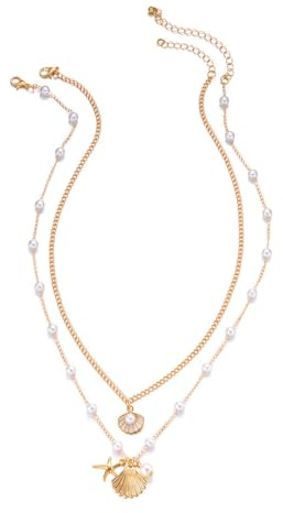 2 Stück Muschelkette,Layered Golden Muscheln Halsketten Sommer Schmuck,Schichtel-Perlen Einstellbare Muschelkette Damen,Süßen Muschel Schmuck Kette,für Frauen Sommer Strand Urlaub Surfer Party