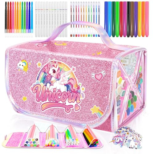 JYPS Einhorn Malset für Kinder mit Federmäppchen, 70 Stück Waschbar Filzstifte Set mit Glitzerstifte, Buntstifte, Marker, Basteln Kunstset Schreibset, Geburtstags Geschenk für Mädchen 4-12 Jahre