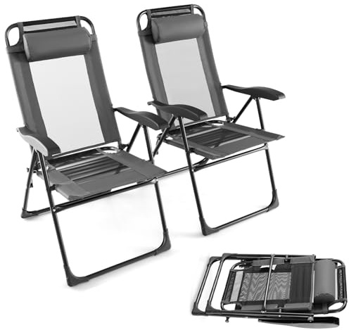 Set mit 2 7-stufig verstellbaren Terrassenstühlen mit hoher Rückenlehne, mit Kopfstütze, gebogenen Armlehnen, tragbare Camping-Decksitze
