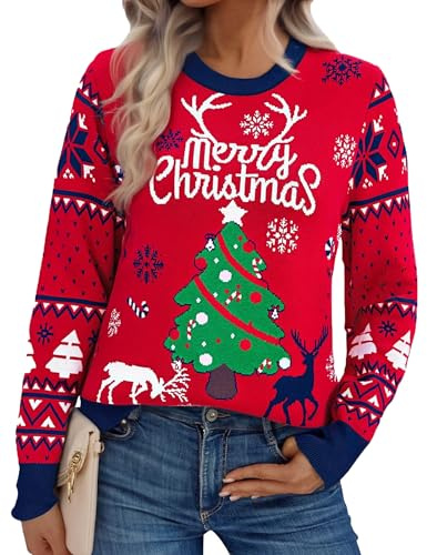 Jezonga Women's Jumpers Christmas Sweater Xmas Pullover Ladies Ugly Knitted Long Sleeve Tops Sweatshirts Reindeer Snowflakes A-Red M
