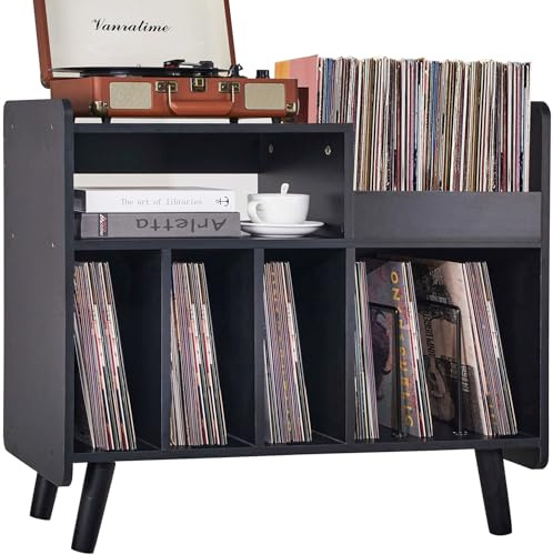 UODERS Plattenspielertisch, Plattenspielerständer aus der Mitte des Jahrhunderts mit Vinylaufbewahrung für bis zu 350+ Alben, Vinyl-Schallplattenschrank mit verstellbaren Regalen