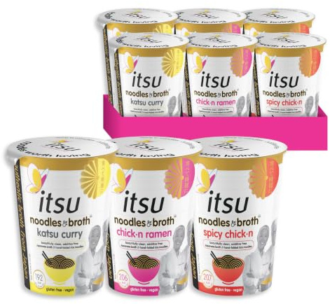 itsu Mixed Pack instant noodles & broth pot 64g | Instant Noodles Snack Multipack | Quick-to-Make Snack | Gluten free | Vegan | Mixed Pack of 6