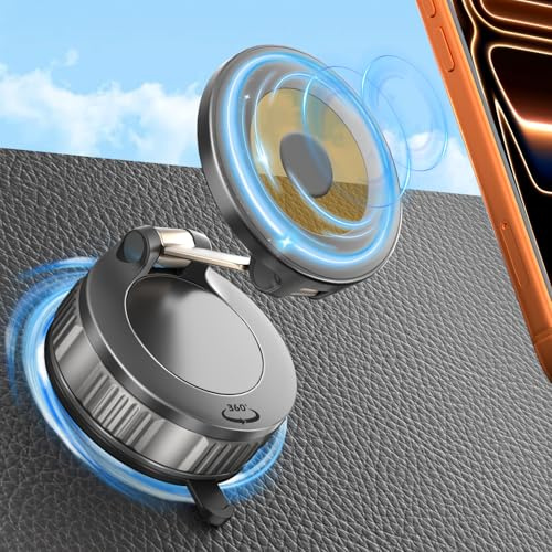 Bigtruely Handyhalterung Auto Magnet Faltbar 360° Drehbar, Mag-Safe Handyhalterung Saugnapf Magnetische Vakuum Handy Halterung Auto Verstellbarer Metallarm für iPhone 16 15 14 13 12, Tiefschwarz