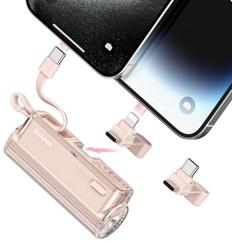 SHARGE Flow Mini 2 Power Bank con cavo integrato, 22,5 W Max Caricabatterie portatile da viaggio, batteria a ricarica rapida con connettore iOS e USB C per iPhone 16/15/14, Galaxy e altro ancora