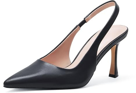 Zhabtuc Zapatos Mujer Slingback Elegantes y Cómodos para Vestir, Zapatos Tacon Mujer con Correa Ajustable, Sandalias de Tacón Alto de 10 cm, Punta Afilada, Stiletto, Negro Mate, 41 EU