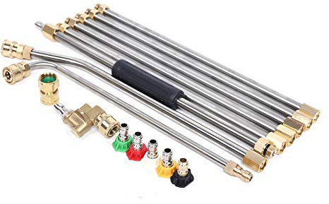 Herramientas de limpieza de canalones, kit de varilla de extensión de pistola de alta presión con ángulos de 30° + 90°, lanza limpiadora de techo de 4000 PSI, incluye 5 puntas de boquilla y 20 anillos