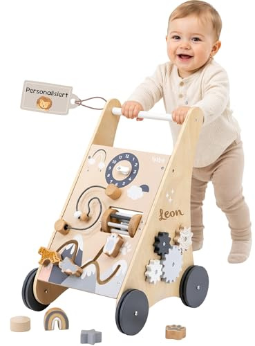 Personalisierter Lauflernwagen aus Holz mit Name – Sicherer Baby Schiebewagen für erste Schritte – Lauflernhilfe mit Bremse & Motorikspiel – Geschenk zum 1. Geburtstag für Mädchen & Jungen
