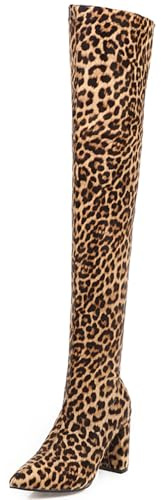 Gicoiz Pointu Cuissarde Bottes Extensibles Briller Femme Talons Hauts Eté Mariage Elegant A Enfiler Hiver Block Long Booty Leopard Taille 45 EU-47Cn