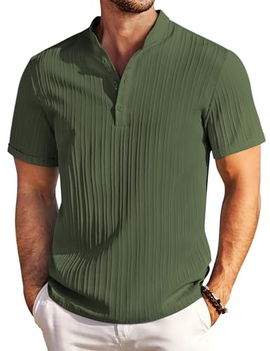 COOFANDY Camisa Henley de Verano para Hombre - Camisa Informal de Manga Corta con Cuello Alto Tejido con Textura para Playa y Verano