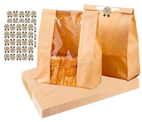 30 Pack Large Paper Bread Bags for Homemade Bread, Sourdough Loaves Breads Bags with Window for Storage Bread Cookies & Snacks Gift Giving, Bakery Bag with Label Seal Stickers(13.77x8.26x3.54 inch)