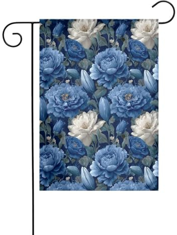 Drapeau de jardin vertical double face Motif pivoines et lys Bleu/blanc 30 x 45 cm