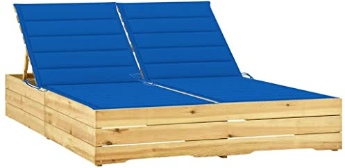 Ziaphsol Doppel-Sonnenliege Holz, Königsblau Auflage, Kiefer Imprägniert, Verstellbare Rückenlehne, 2-Personen Gartenliege für Terrasse, Pool und Outdoor-Bereich