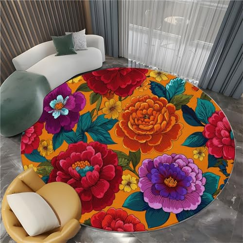 Round Rug 150 cm Retro Plants Peony Chrysanthemum Carpet Living Room, Orange Color Area Rugs Washable Non Slip Soft Short Pile Carpets Bedroom Bathroom Decorations