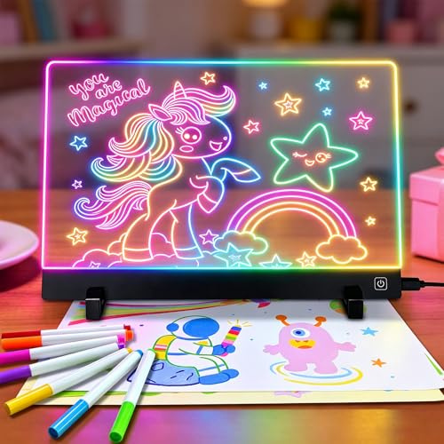 Smocraut LED Drawing Board, 30x20cm Light Up Drawing Pad, Magic Doodle Pad with Adjustable Brightness, Dry Erase LED Message Note Board with Stand, Glow Art Writing Tablet Gifts with 14 Markers