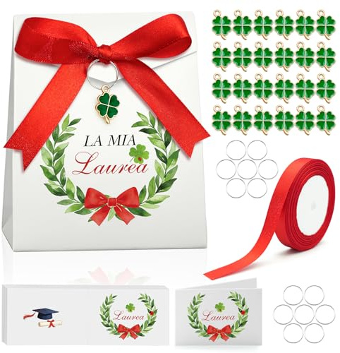 50 Set Scatoline Portaconfetti Laurea con Bigliettini e Quadrifoglio