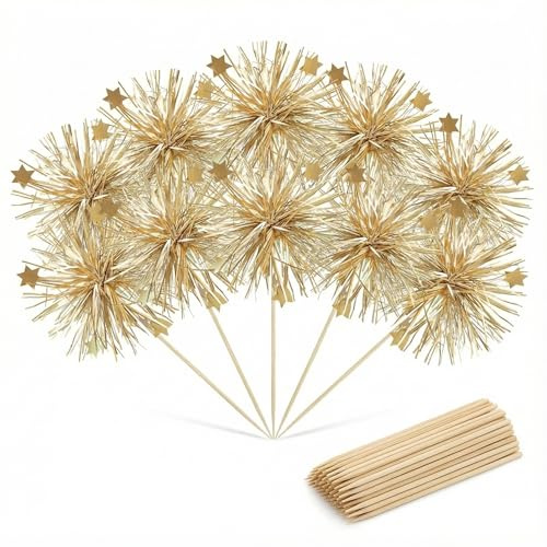 50 Pack Metallic Gold Firework Cupcake Toppers, Sparkly Tinsel Star Cake Picks for Christmas Dessert Table, Holiday Party & New Year Celebration, 5.6