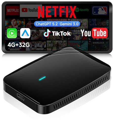 MYATOTO AI Box Adattatore CarPlay Wireless Android Auto, 4GB+32GB, aggiornamento delle prestazioni per auto con CP/AA cablato per Netflix/YouTube/TikTok, DriveChat AI, Dual-WiFi, IoT-Hub, CB4B