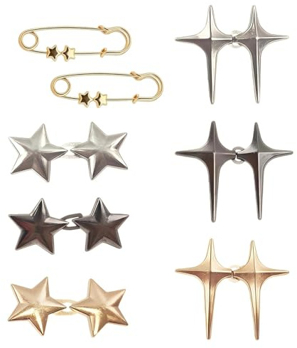 6 Pairs Star Jean Waist Tightener Clips with 2PCS Button Tightener Pins, Strong Metal Waistband Tightener & Adjuster Clips for Trousers & Skirts, Reusable Waist Gap Reducer & Clothing Tightening Clip