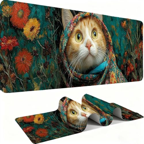 Tapis de Souris 600x300mm Tapis Souris Gamer, Mousepad de Bureau Ultra Mince Base en Caoutchouc Antidérapante Lavable Vitesse et précision Améliorées pour PC, Ordinateur, Travail-Le Chat Orange C0P332