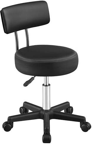 SONGMICS Sgabello Girevole con Schienale, Imbottito in Ecopelle PU, Regolabile in Altezza, con Ruote, 50 x 50 x 83,5 cm, Nero, per Salone e Ufficio, Collezione Activo OSC071B101