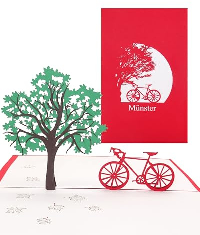 Pop Up Karte „Münster mit dem Fahrrad“ 3D Glückwunschkarte, Geburtstagskarte & Souvenir – als Reisegutschein, Deko, kleines Geschenk & Geschenkverpackung – Fahrradkarte Münsterland