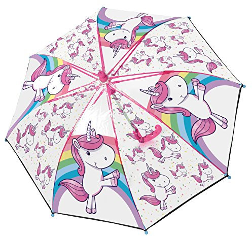 Einhorn Regenschirm Kinder transparent - windfester Stockschirm mit Fiberglasgestell, manuelle Öffnung - Ø 84 cm, Länge 59,5 cm - pinker Griff, Kinderschirm für 4–10 Jahre