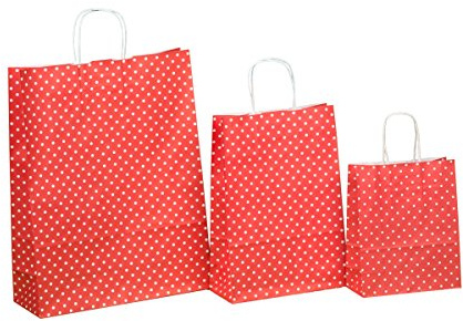 250 Kordel Papiertragetaschen Einkaufstüten aus Papier Geschenktüten mit Papierkordel Henkel Rot mit weißen Punkten Pünktchen Polka Dots Verschiedene Größen zur Auswahl (32+12x40cm)