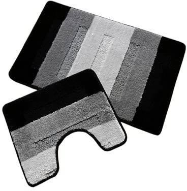oKu-Tex Design Badematte Antirutsch Set 2 Teilig, rutschfest & waschbar, Badvorleger 60 x 100 cm für das Badezimmer, WC Vorleger mit Ausschnitt 50 x 60 cm, gestreift Kreise, grau anthrazit…