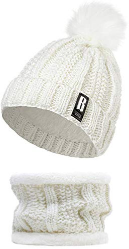 Yixda Damen Mütze Schal Set Winter Beanie Hut Schlauchschal mit Fleecefutter (Weiß)