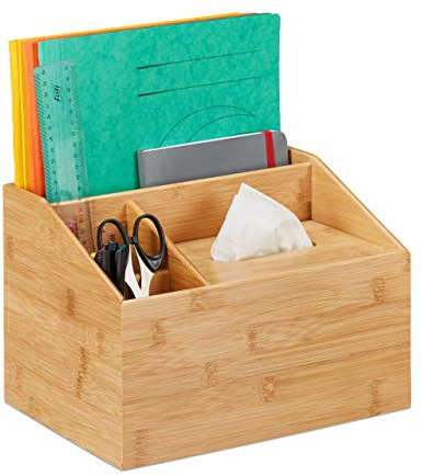 Relaxdays Organizador Büro Organizer, für Bürobedarf & Make-up, 3 Fächer mit Tücherbox, Bambus, H x B x T: 19,5 x 28 x 22 cm, Natur, 1 Stück