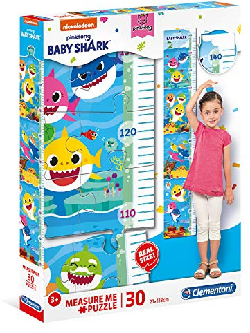 Clementoni 20340 Measure Me Baby Shark – Puzzle 30 Teile ab 3 Jahren, großes Kinderpuzzle zum Zusammenkleben (inkl. Kleber & Spatel), als Messlatte zum Aufhängen, Denkspiel für Kinder