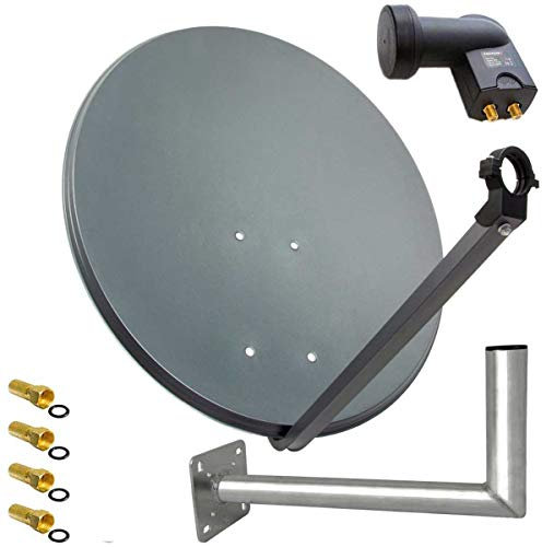 PremiumX Satelliten-Komplettanlage 60cm Anthrazit Satellitenantenne Satellitenschüssel Twin LNB Wandhalter 45cm ALU 4X F-Stecker