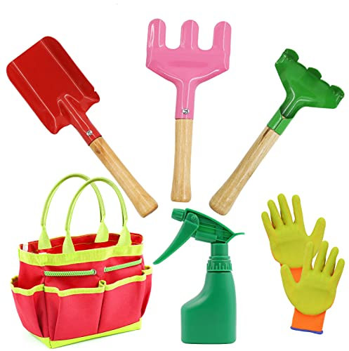 AGAKY Outils de Jardinage pour Enfants, 7 PCS Ensemble d'outils de Jardin avec arrosoir, Gants, Râteau, Pelle, Accessoires de Jardin Jouets Cadeau pour Bébé Préscolaire