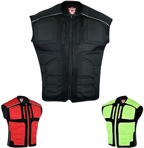 warrior gears Herren Textil Motorrad Warnweste, Gepolsterte Hi-Vis Weste für Herren, Warnschutzkleidung für Herren, Reflektorweste für Herren, Gummi-Schutzpolster, Schwarz - L